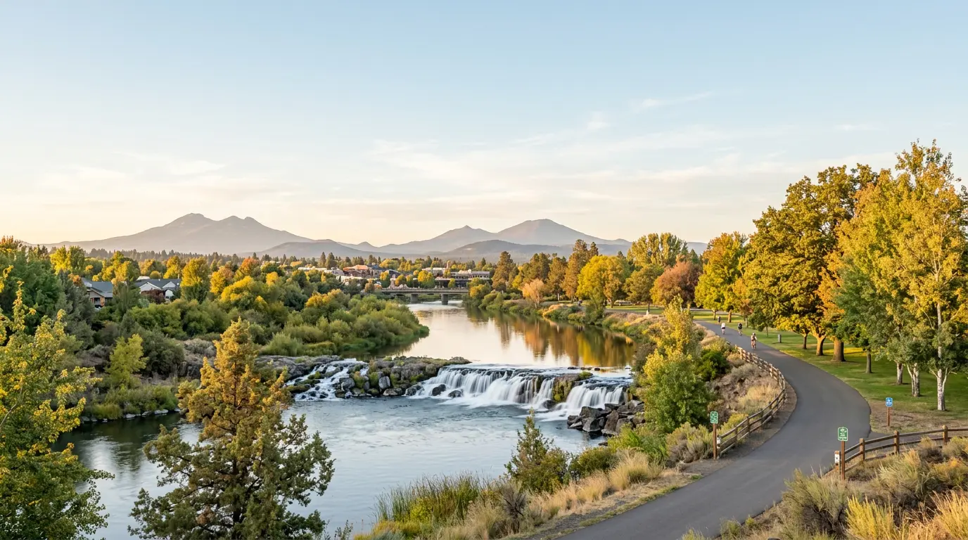 The Snake River falls and Greenbelt trail in Idaho Falls at golden hour